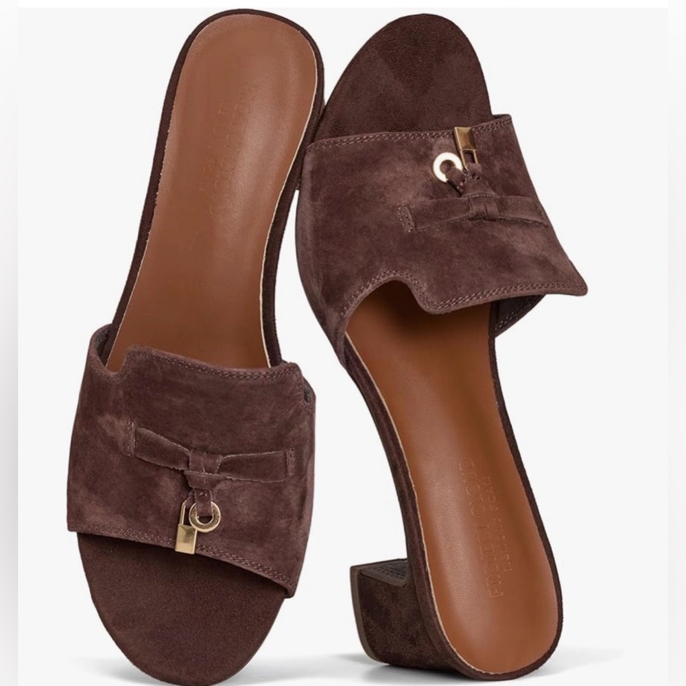 Women's Brown Suede Slide Mules with Gold Accent